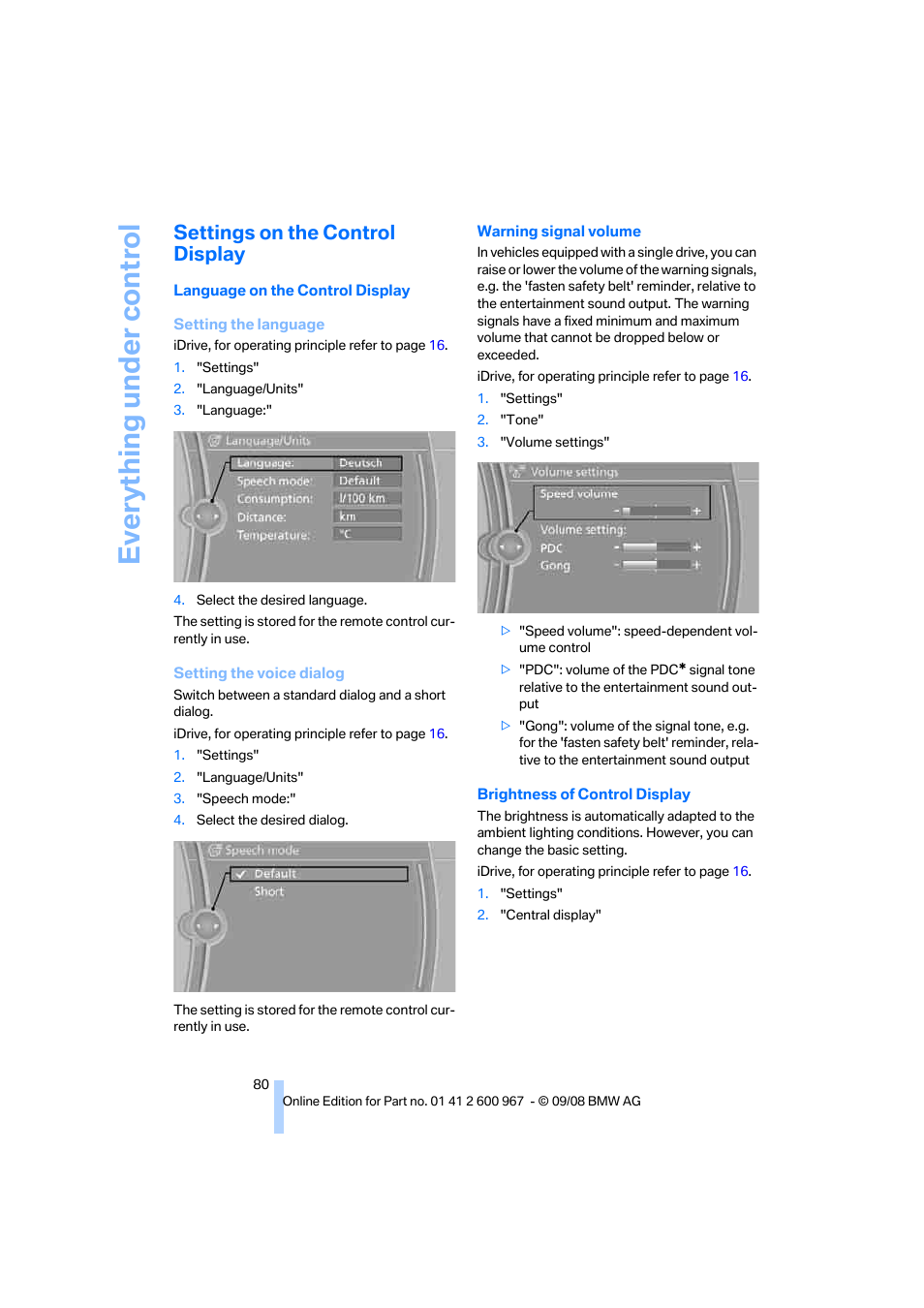 Settings on the control display, Brightness of control display, Language on the control display, ref | Everything under control | BMW 335i Convertible 2009 User Manual | Page 82 / 260