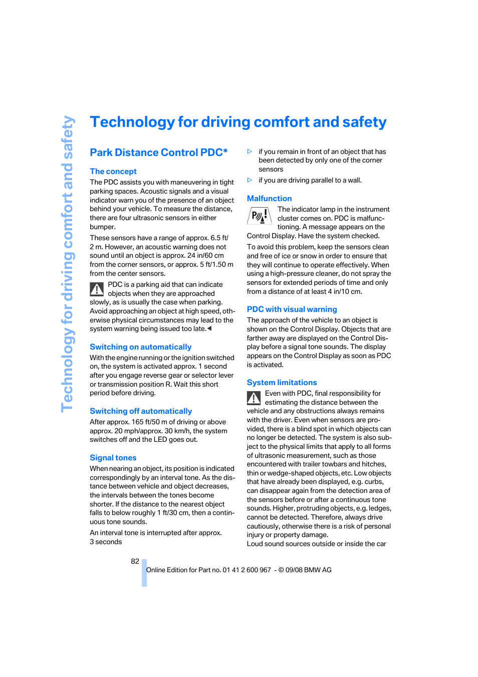 Technology for driving comfort and safety, Park distance control pdc | BMW 335i Convertible 2009 User Manual | Page 84 / 260