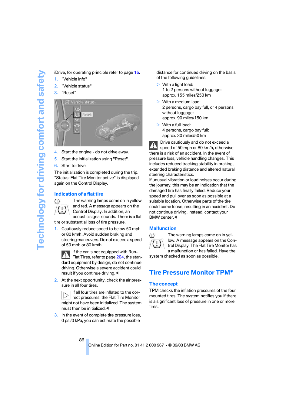 Tire pressure monitor tpm, Technology for driving comfort and safety | BMW 335i Convertible 2009 User Manual | Page 88 / 260