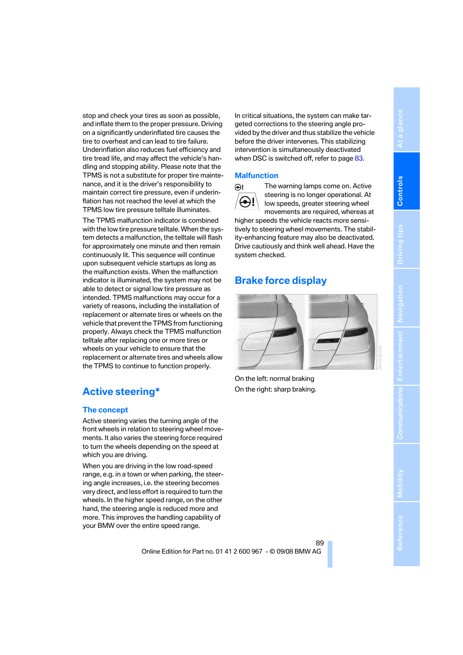 Active steering, Brake force display | BMW 335i Convertible 2009 User Manual | Page 91 / 260