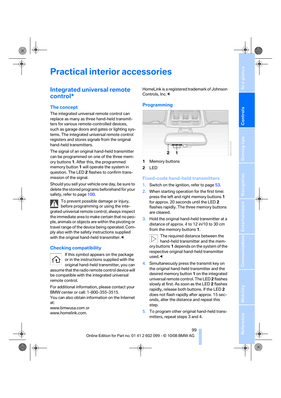 Practical interior accessories, Integrated universal remote control | BMW 328i xDrive Sports Wagon 2009 User Manual | Page 101 / 268