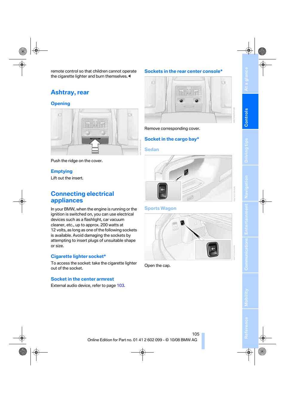 Ashtray, rear, Connecting electrical appliances | BMW 328i xDrive Sports Wagon 2009 User Manual | Page 107 / 268