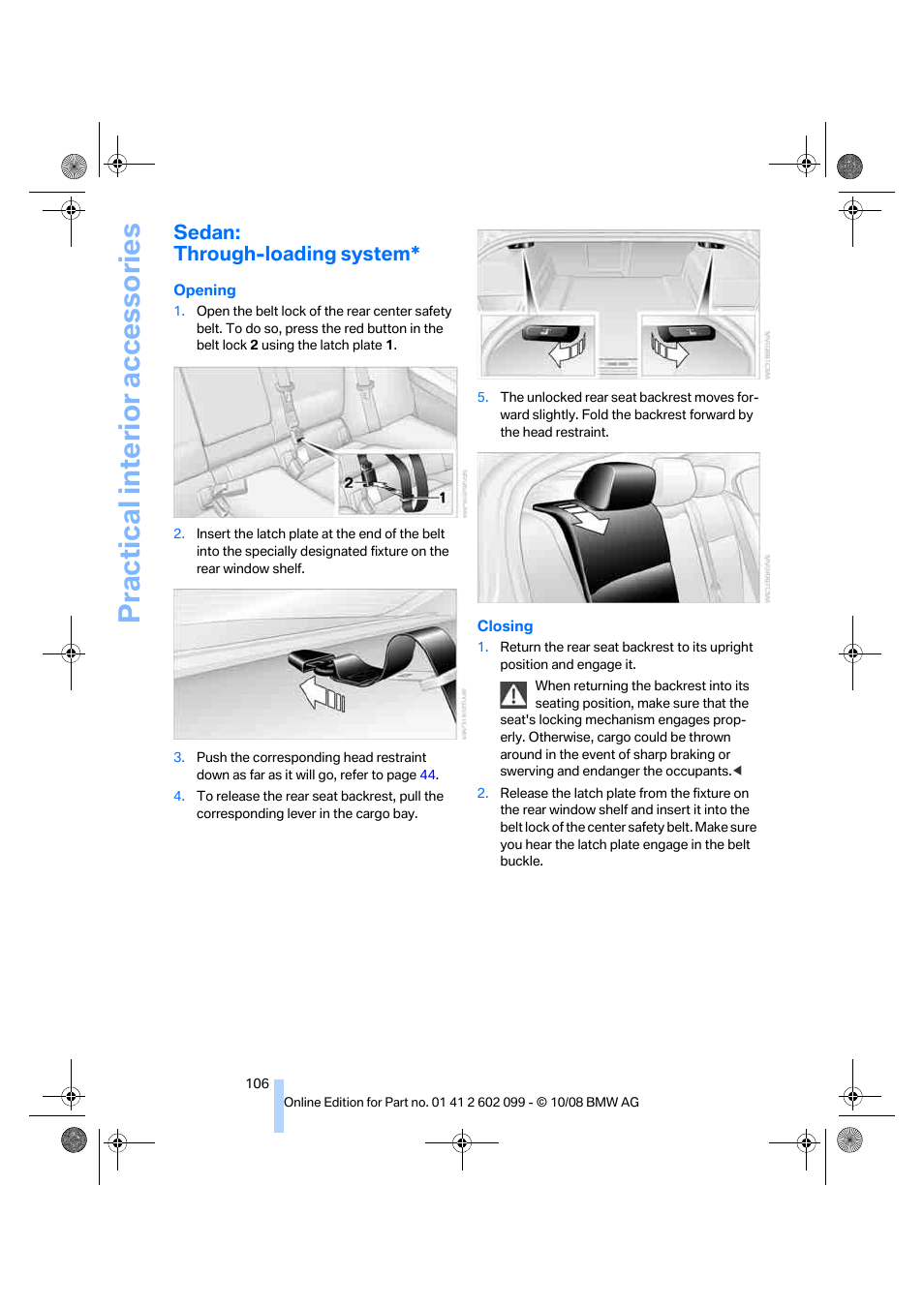 Sedan: through-loading system, Practical interior accessories | BMW 328i xDrive Sports Wagon 2009 User Manual | Page 108 / 268