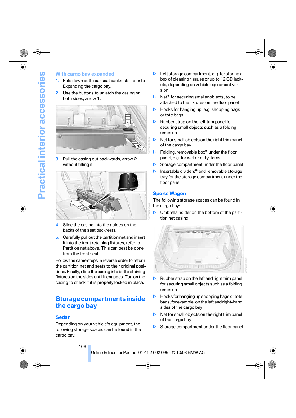 Storage compartments inside the cargo bay, Practical interior accessories | BMW 328i xDrive Sports Wagon 2009 User Manual | Page 110 / 268