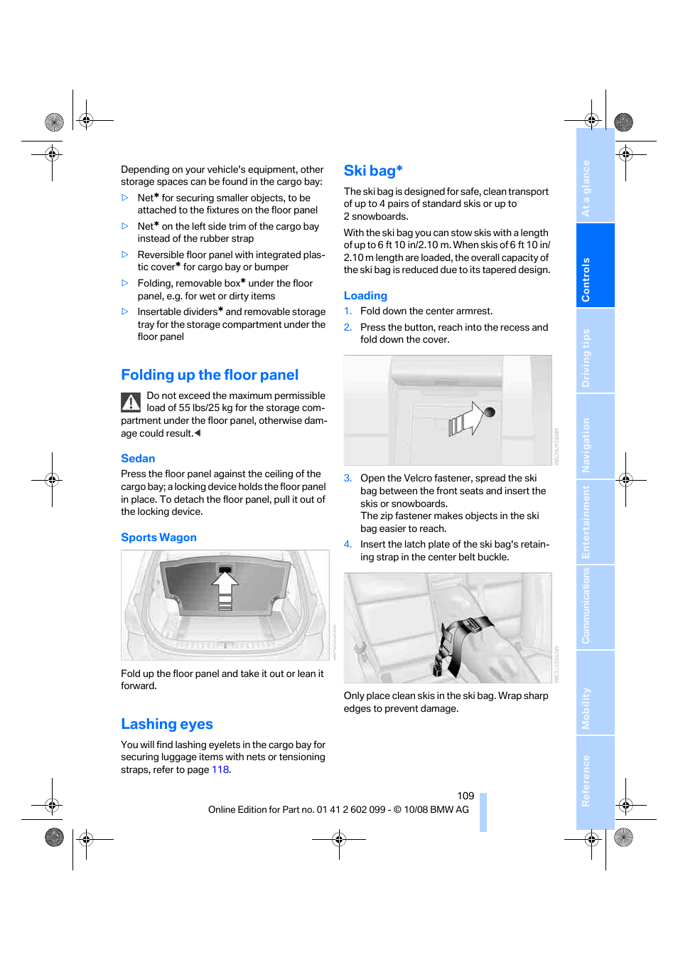 Folding up the floor panel, Lashing eyes, Ski bag | BMW 328i xDrive Sports Wagon 2009 User Manual | Page 111 / 268