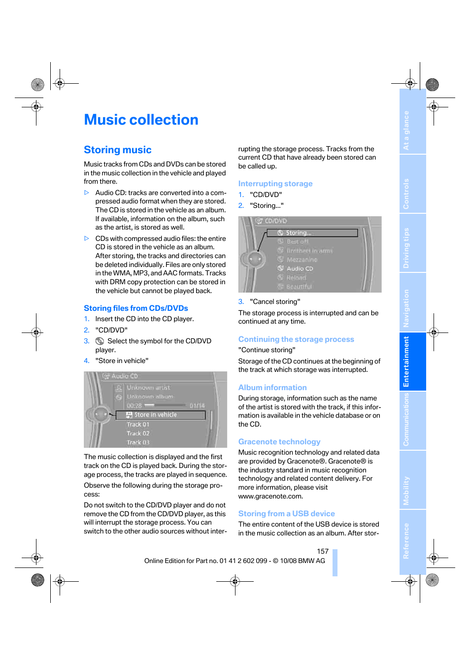 Music collection, Storing music | BMW 328i xDrive Sports Wagon 2009 User Manual | Page 159 / 268