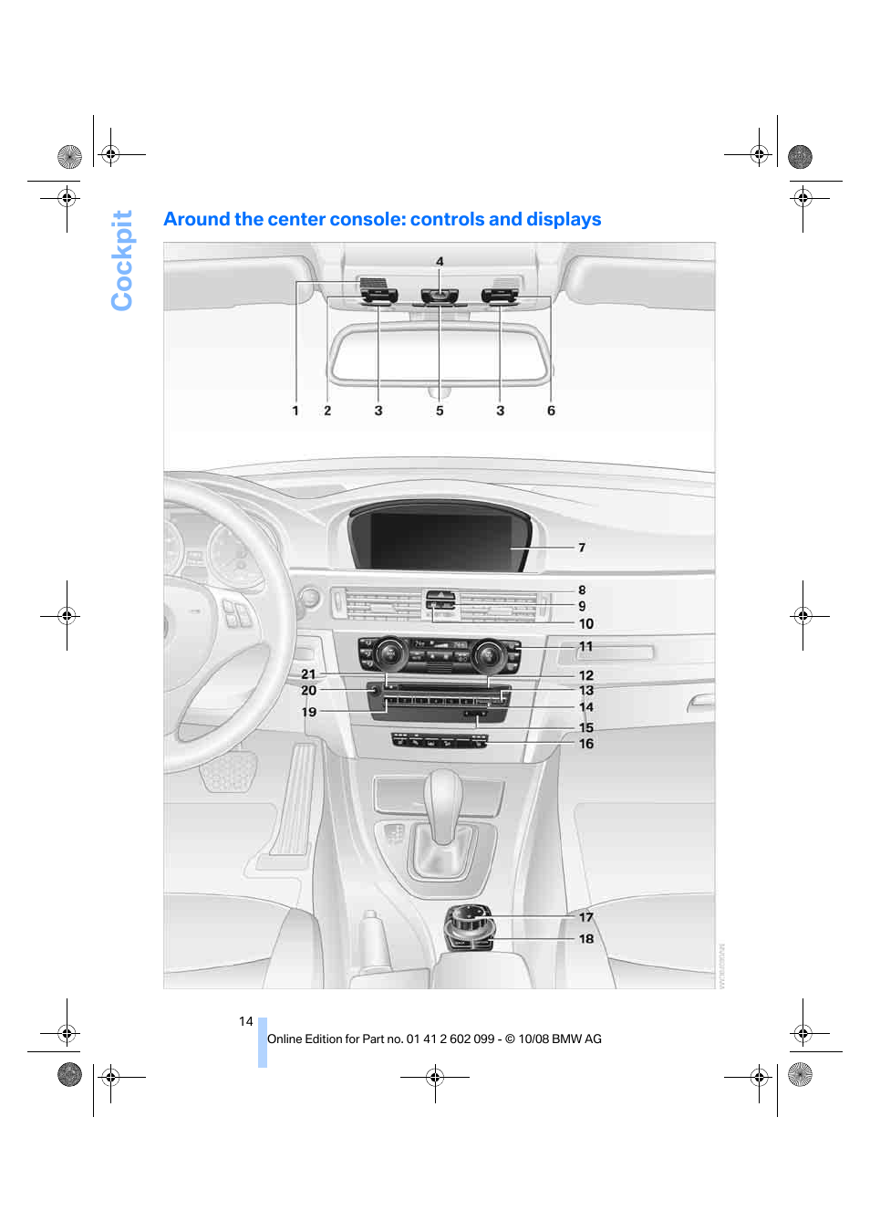 Around the center console: controls and displays, Cockpit | BMW 328i xDrive Sports Wagon 2009 User Manual | Page 16 / 268