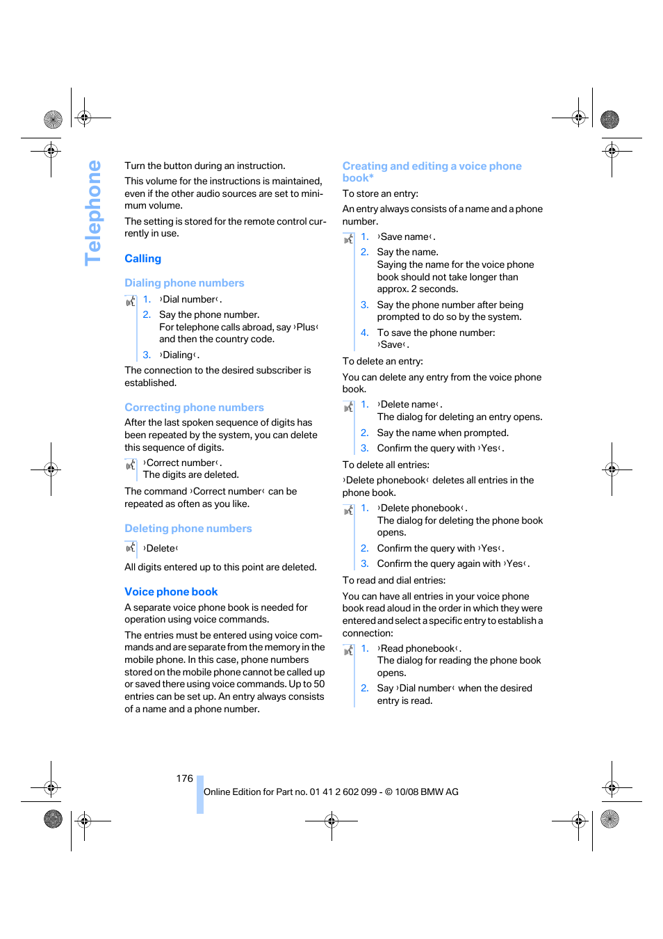 Te lephone | BMW 328i xDrive Sports Wagon 2009 User Manual | Page 178 / 268