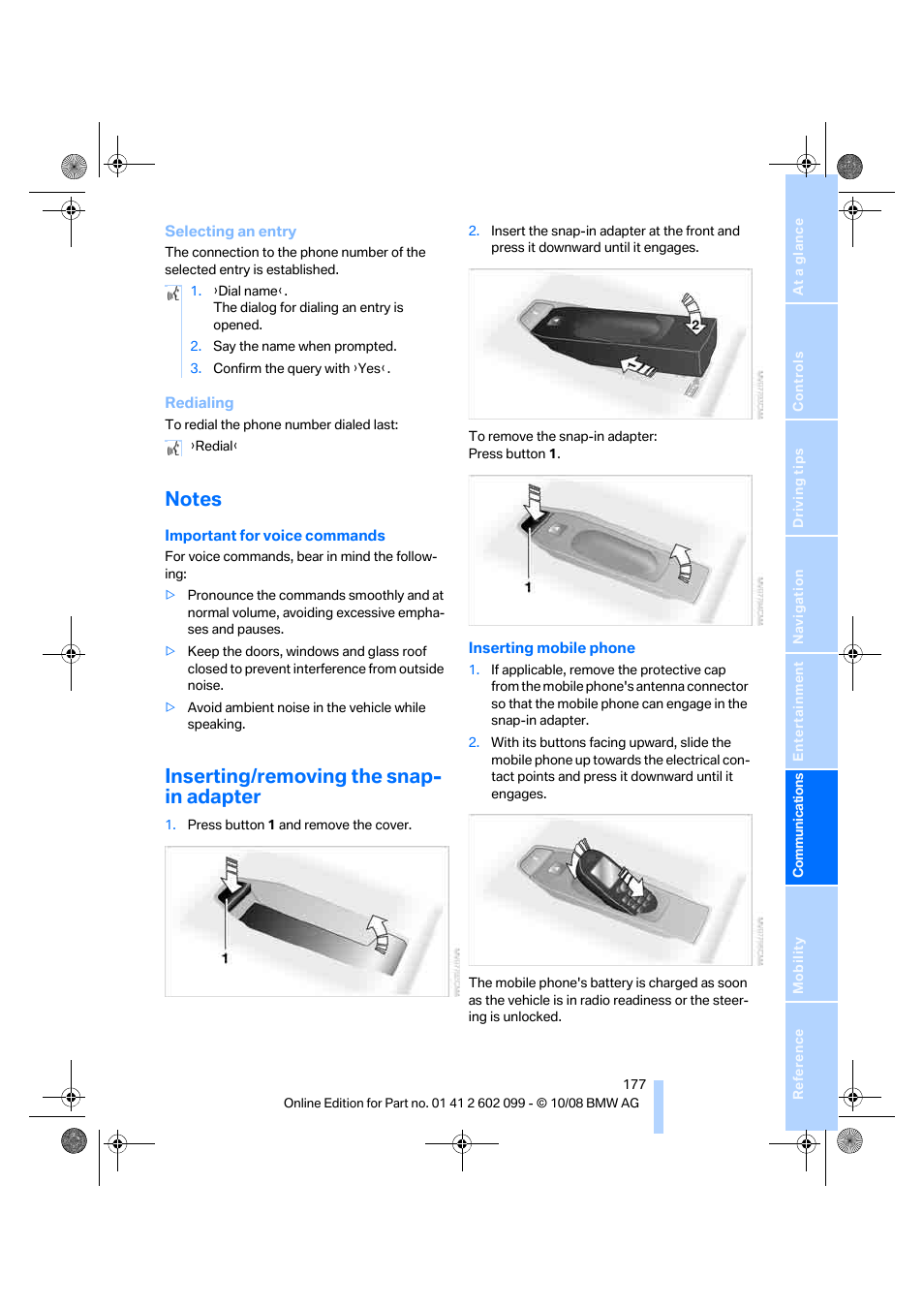 Notes, Inserting/removing the snap- in adapter | BMW 328i xDrive Sports Wagon 2009 User Manual | Page 179 / 268