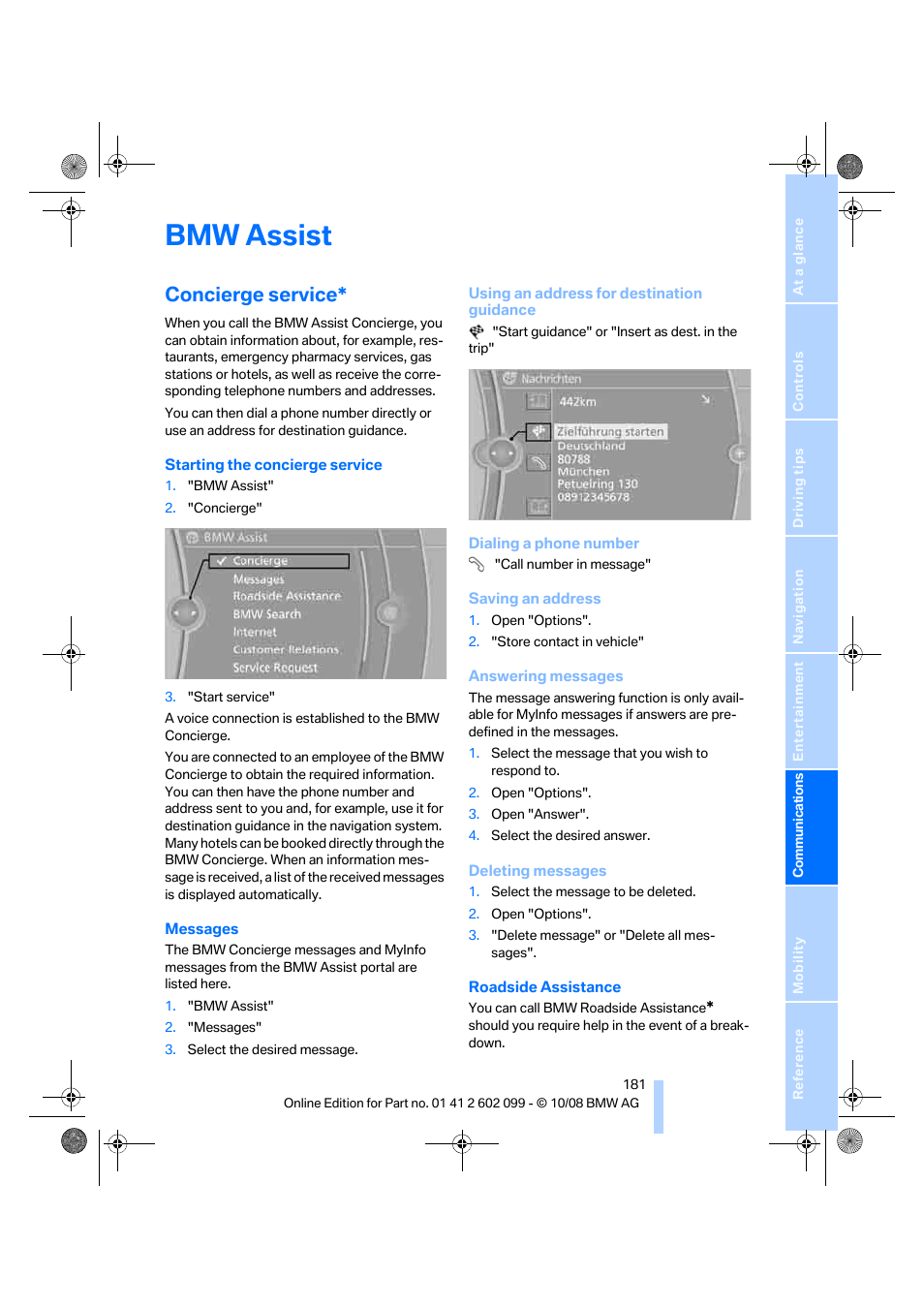 Bmw assist, Concierge service | BMW 328i xDrive Sports Wagon 2009 User Manual | Page 183 / 268