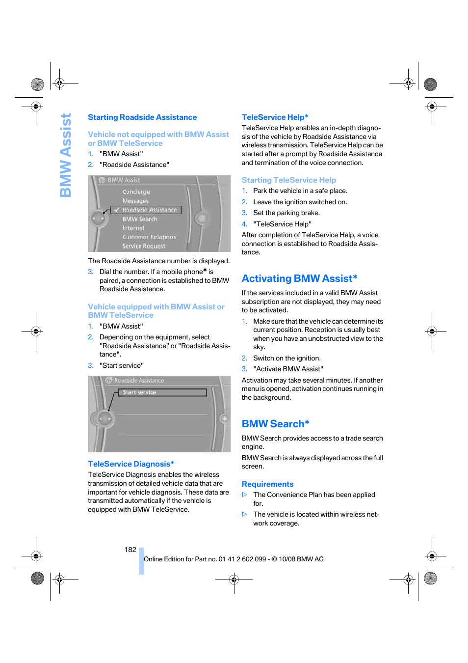 Activating bmw assist, Bmw search, Bmw assist | BMW 328i xDrive Sports Wagon 2009 User Manual | Page 184 / 268