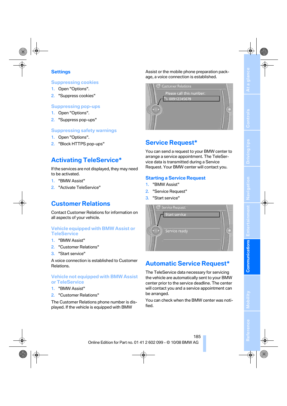 Activating teleservice, Customer relations, Service request | Automatic service request | BMW 328i xDrive Sports Wagon 2009 User Manual | Page 187 / 268