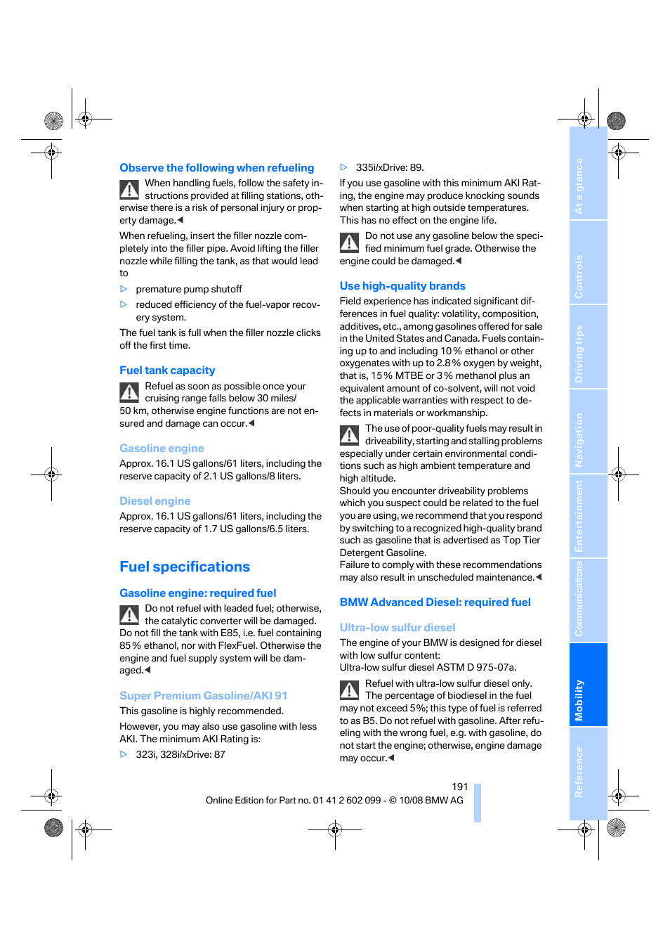 Fuel specifications | BMW 328i xDrive Sports Wagon 2009 User Manual | Page 193 / 268