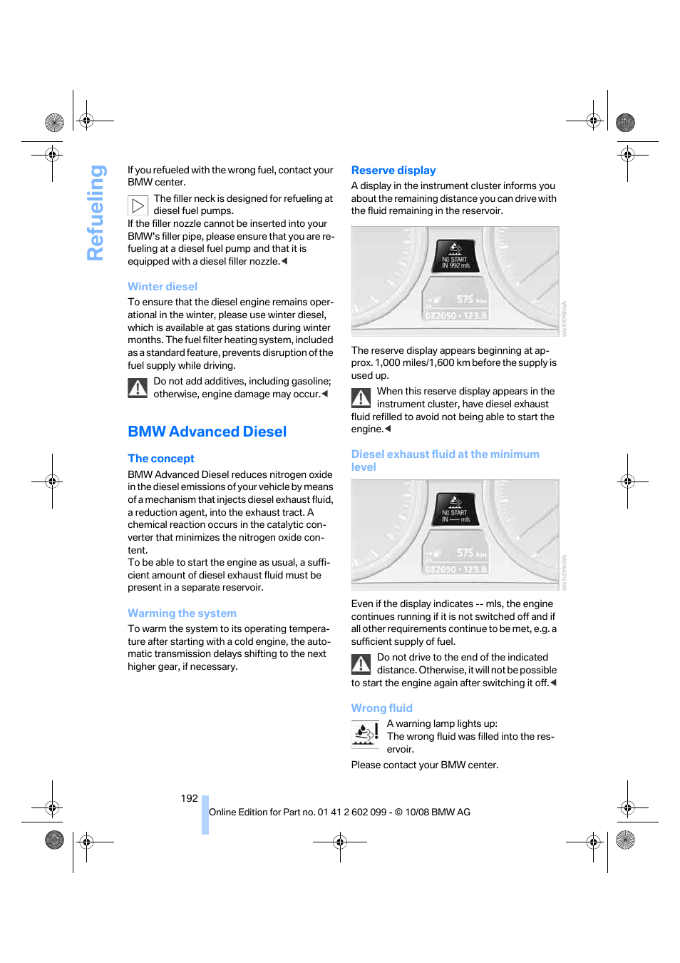 Bmw advanced diesel, Refueling | BMW 328i xDrive Sports Wagon 2009 User Manual | Page 194 / 268