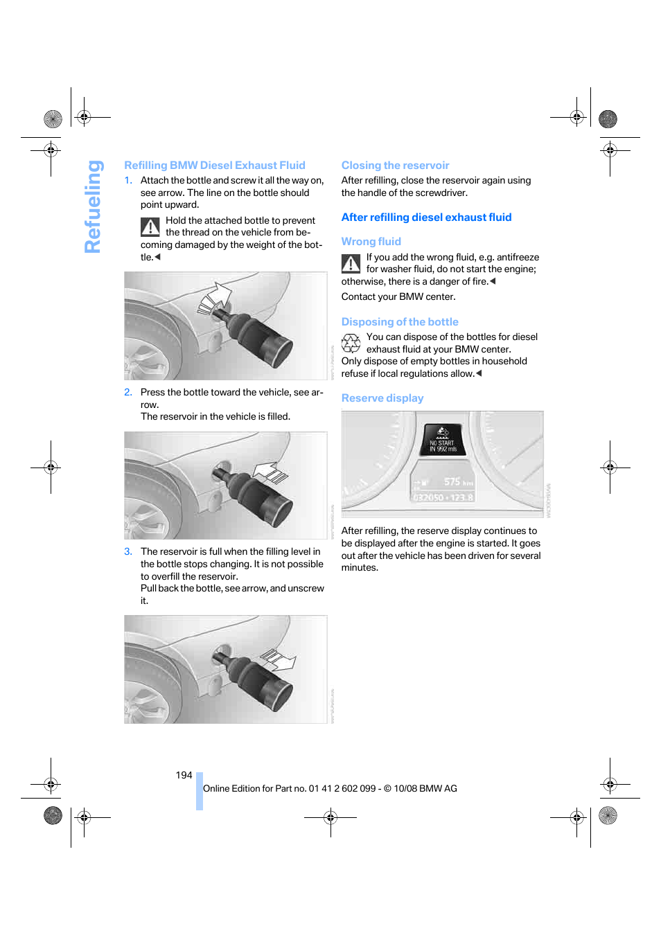 Refueling | BMW 328i xDrive Sports Wagon 2009 User Manual | Page 196 / 268