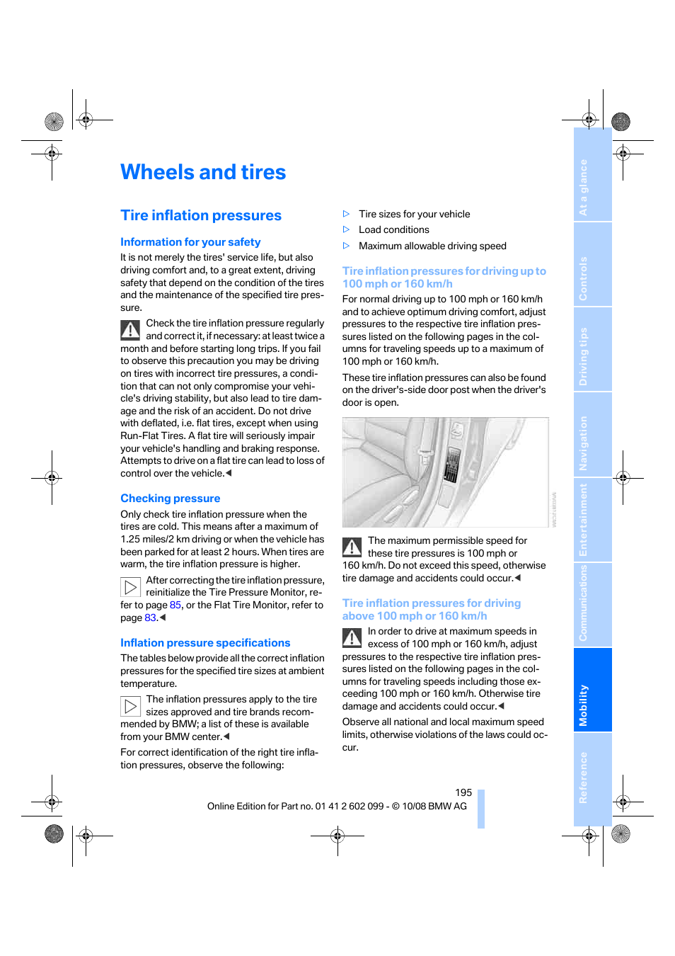 Wheels and tires, Tire inflation pressures | BMW 328i xDrive Sports Wagon 2009 User Manual | Page 197 / 268