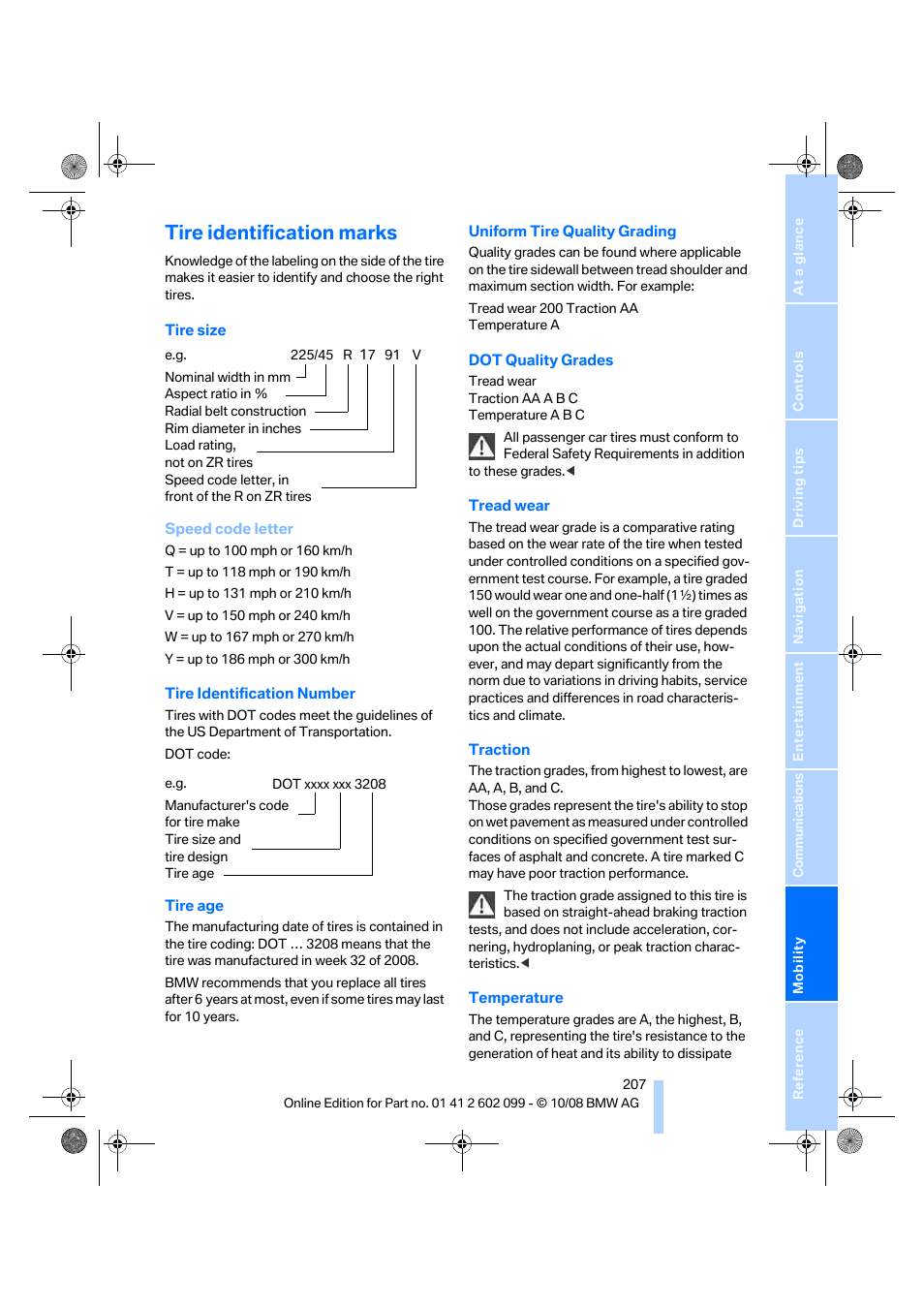 Tire identification marks | BMW 328i xDrive Sports Wagon 2009 User Manual | Page 209 / 268