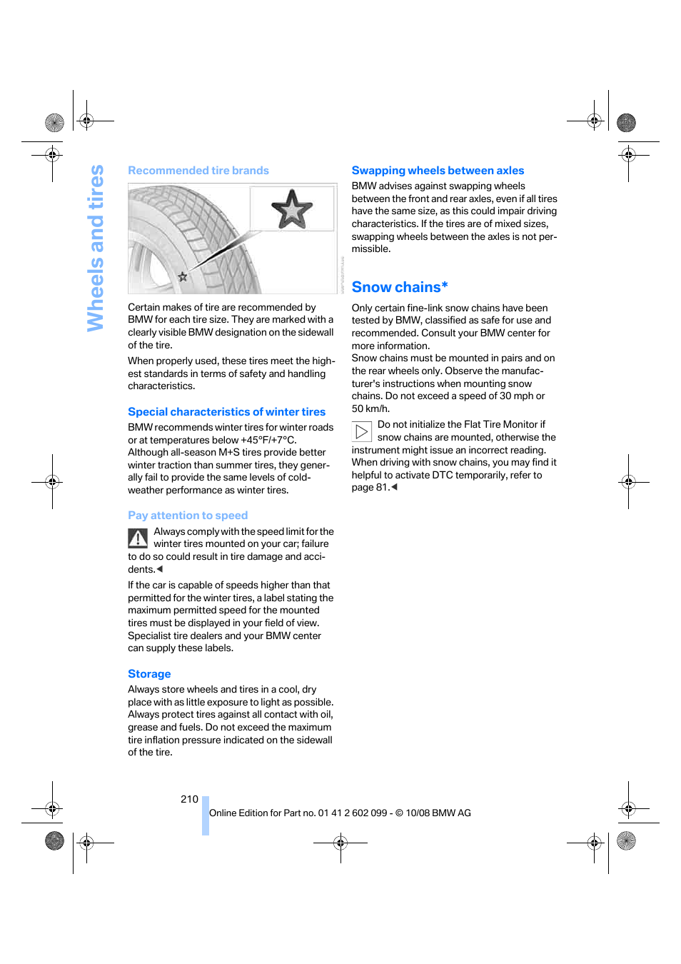 Snow chains, Wheels and tires | BMW 328i xDrive Sports Wagon 2009 User Manual | Page 212 / 268