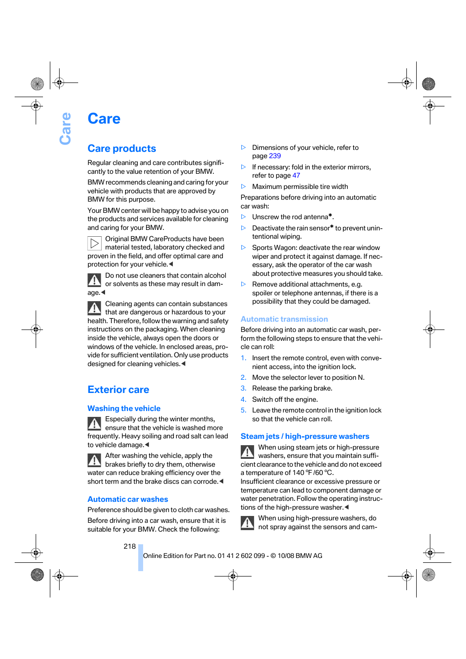 Care, Care products, Exterior care | BMW 328i xDrive Sports Wagon 2009 User Manual | Page 220 / 268