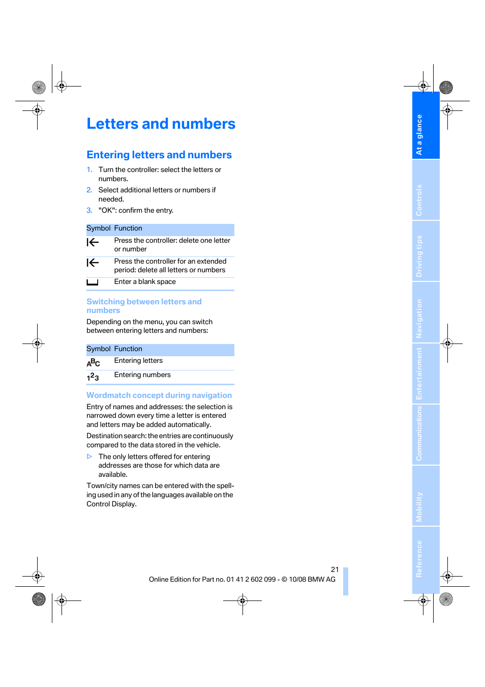 Letters and numbers, Entering letters and numbers | BMW 328i xDrive Sports Wagon 2009 User Manual | Page 23 / 268