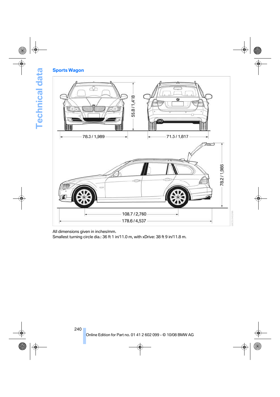 Technical data | BMW 328i xDrive Sports Wagon 2009 User Manual | Page 242 / 268