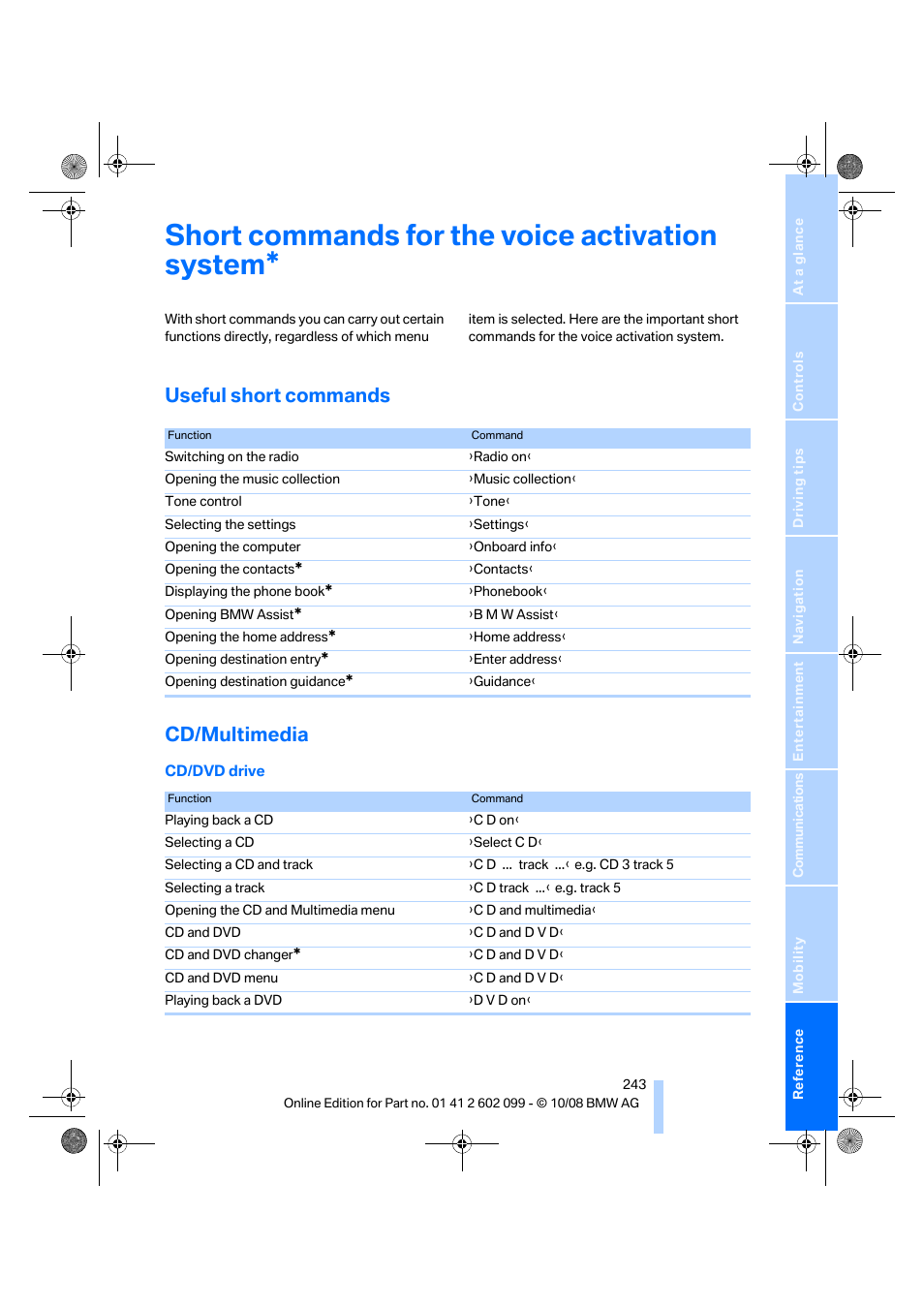 Short commands for the voice activation system, Useful short commands, Cd/multimedia | Useful short commands cd/multimedia | BMW 328i xDrive Sports Wagon 2009 User Manual | Page 245 / 268