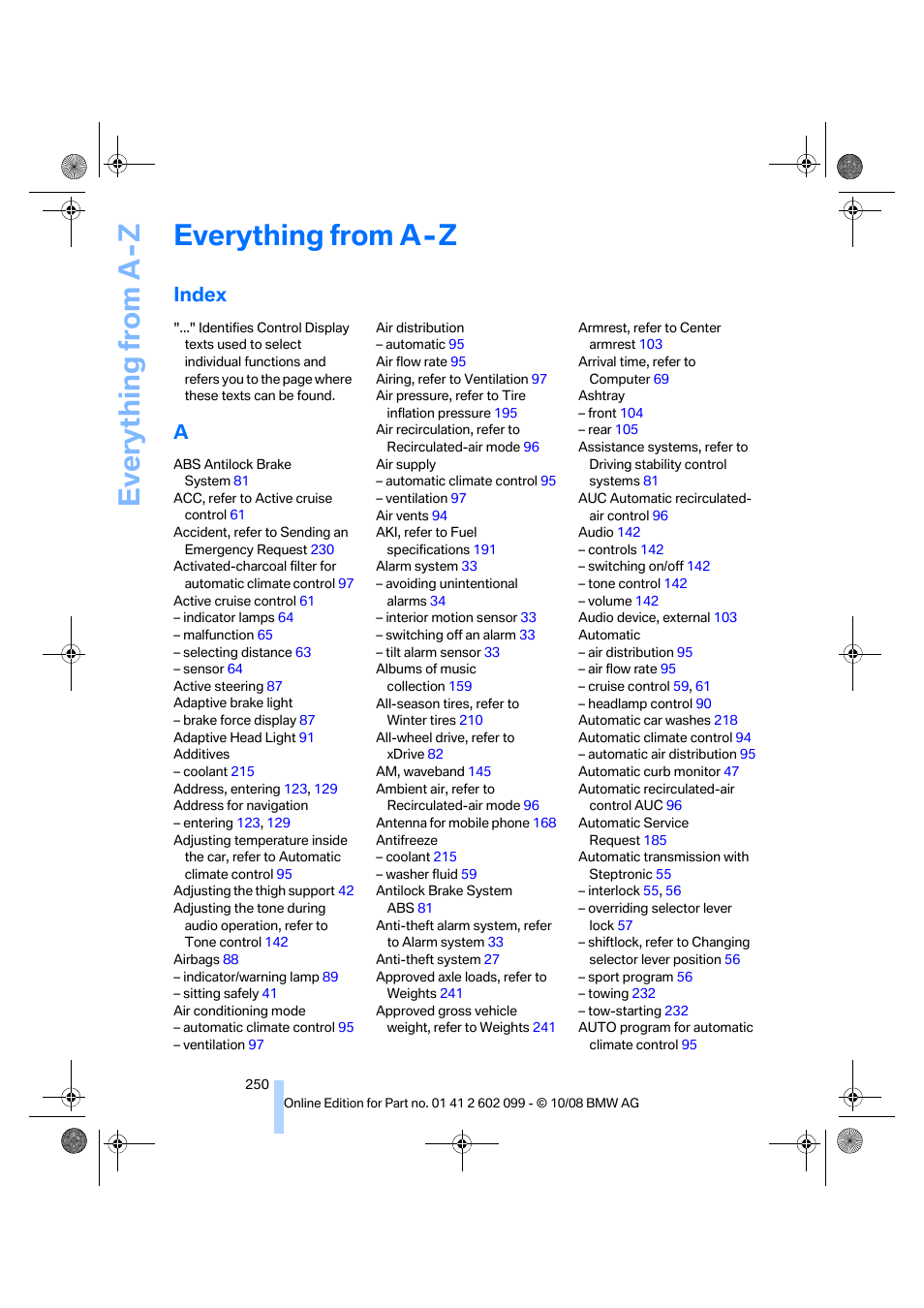 Everything from a - z, Index, Everything from a -z | Everything from a-z | BMW 328i xDrive Sports Wagon 2009 User Manual | Page 252 / 268