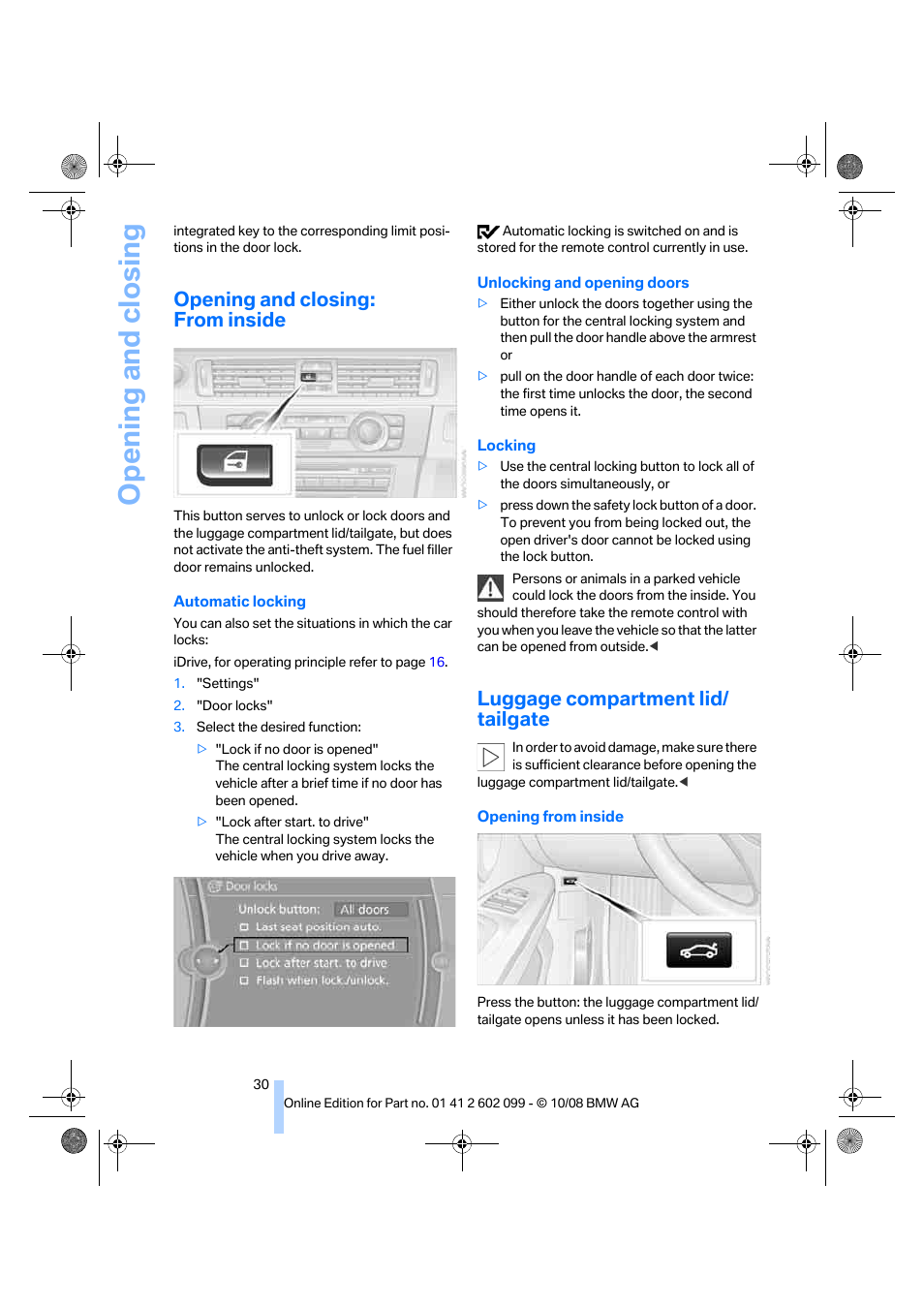 Opening and closing: from inside, Luggage compartment lid/ tailgate, Opening and closing | BMW 328i xDrive Sports Wagon 2009 User Manual | Page 32 / 268