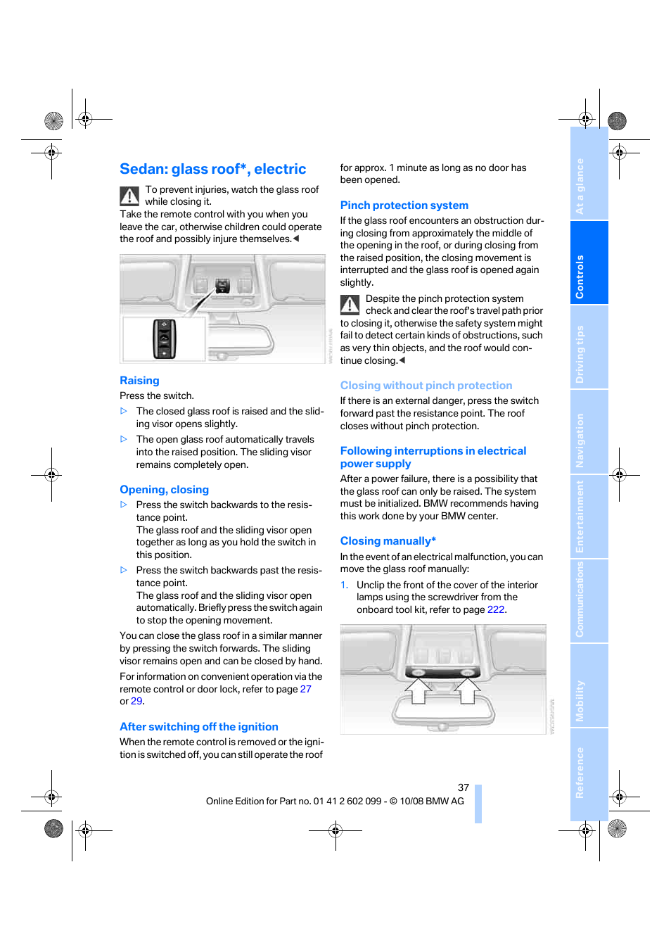 Sedan: glass roof*, electric | BMW 328i xDrive Sports Wagon 2009 User Manual | Page 39 / 268