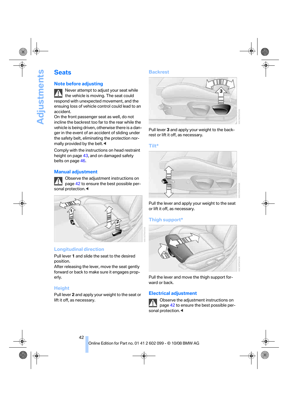 Seats, Adjustments | BMW 328i xDrive Sports Wagon 2009 User Manual | Page 44 / 268