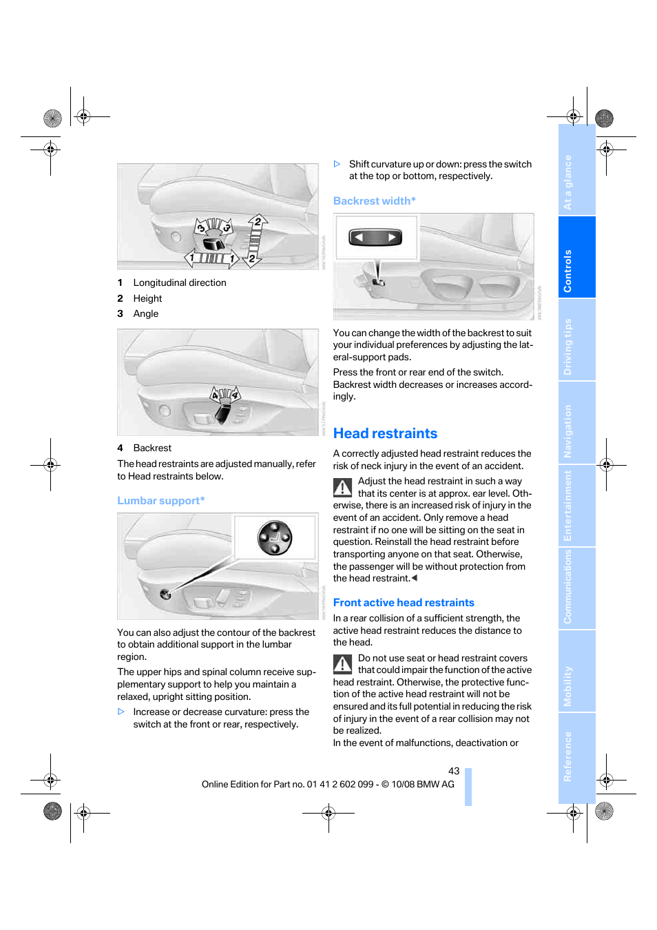 Head restraints | BMW 328i xDrive Sports Wagon 2009 User Manual | Page 45 / 268