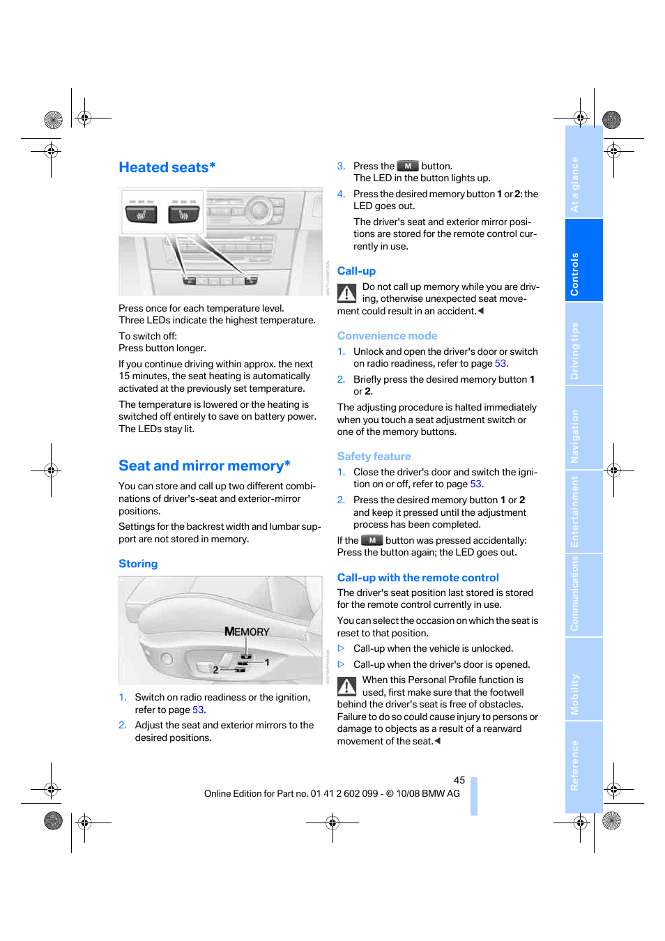 Heated seats, Seat and mirror memory | BMW 328i xDrive Sports Wagon 2009 User Manual | Page 47 / 268