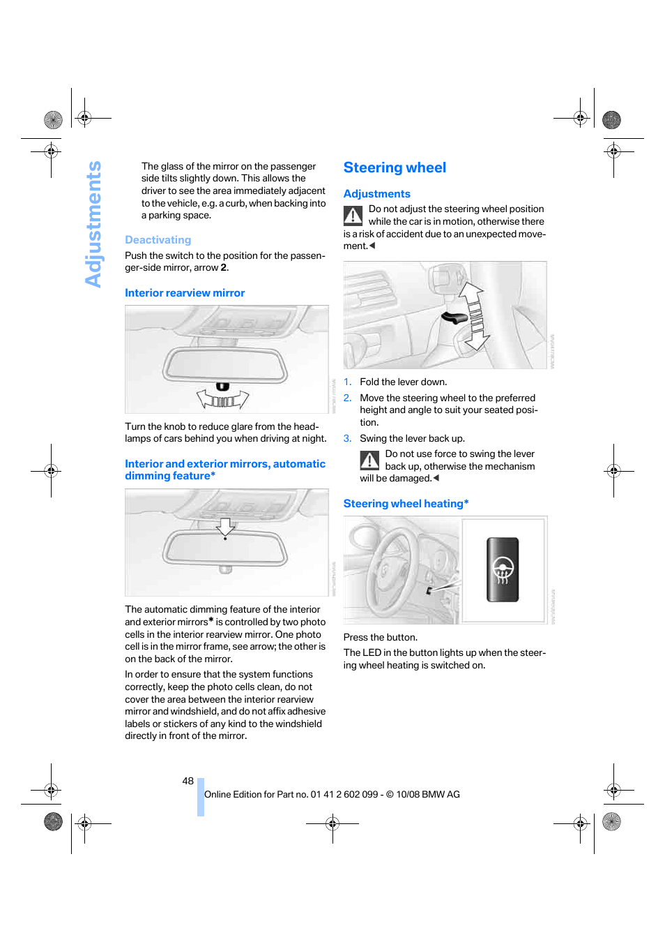 Steering wheel, Adjustments | BMW 328i xDrive Sports Wagon 2009 User Manual | Page 50 / 268