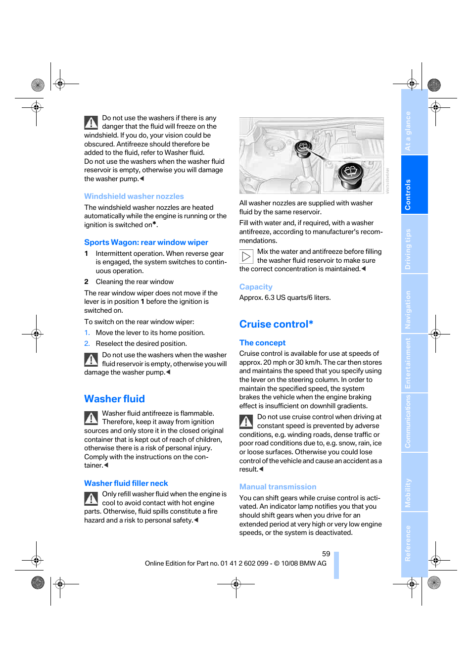 Washer fluid, Cruise control | BMW 328i xDrive Sports Wagon 2009 User Manual | Page 61 / 268