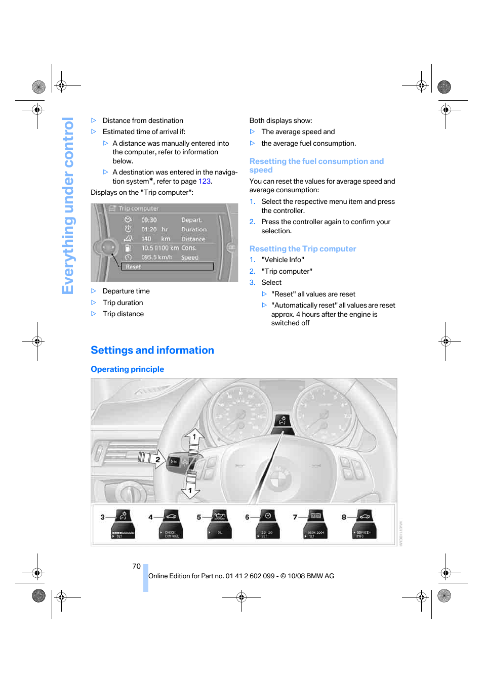 Settings and information, Vehicle, Everything under control | BMW 328i xDrive Sports Wagon 2009 User Manual | Page 72 / 268