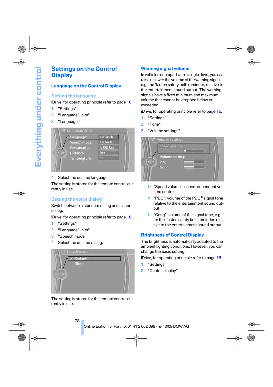 Settings on the control display, Brightness of control display, Language on the control display, ref | Everything under control | BMW 328i xDrive Sports Wagon 2009 User Manual | Page 80 / 268