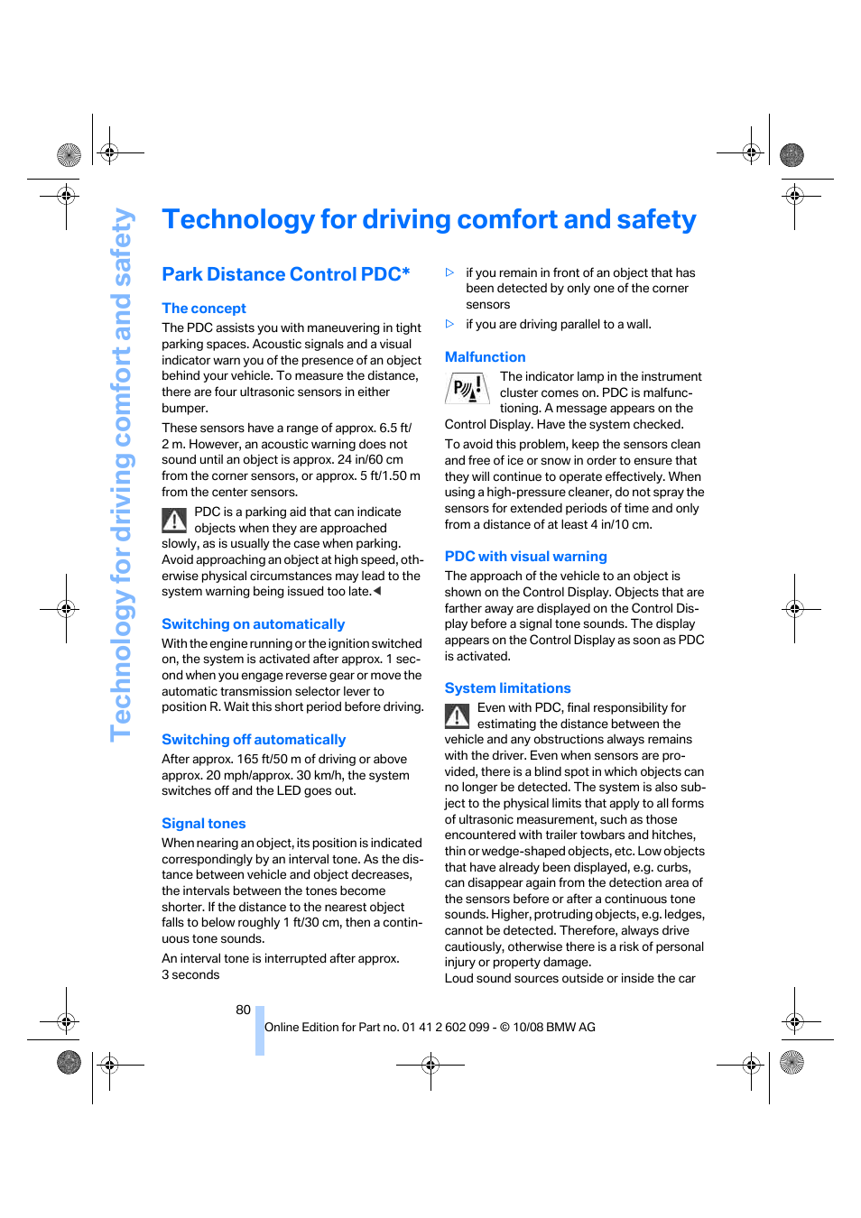 Technology for driving comfort and safety, Park distance control pdc | BMW 328i xDrive Sports Wagon 2009 User Manual | Page 82 / 268