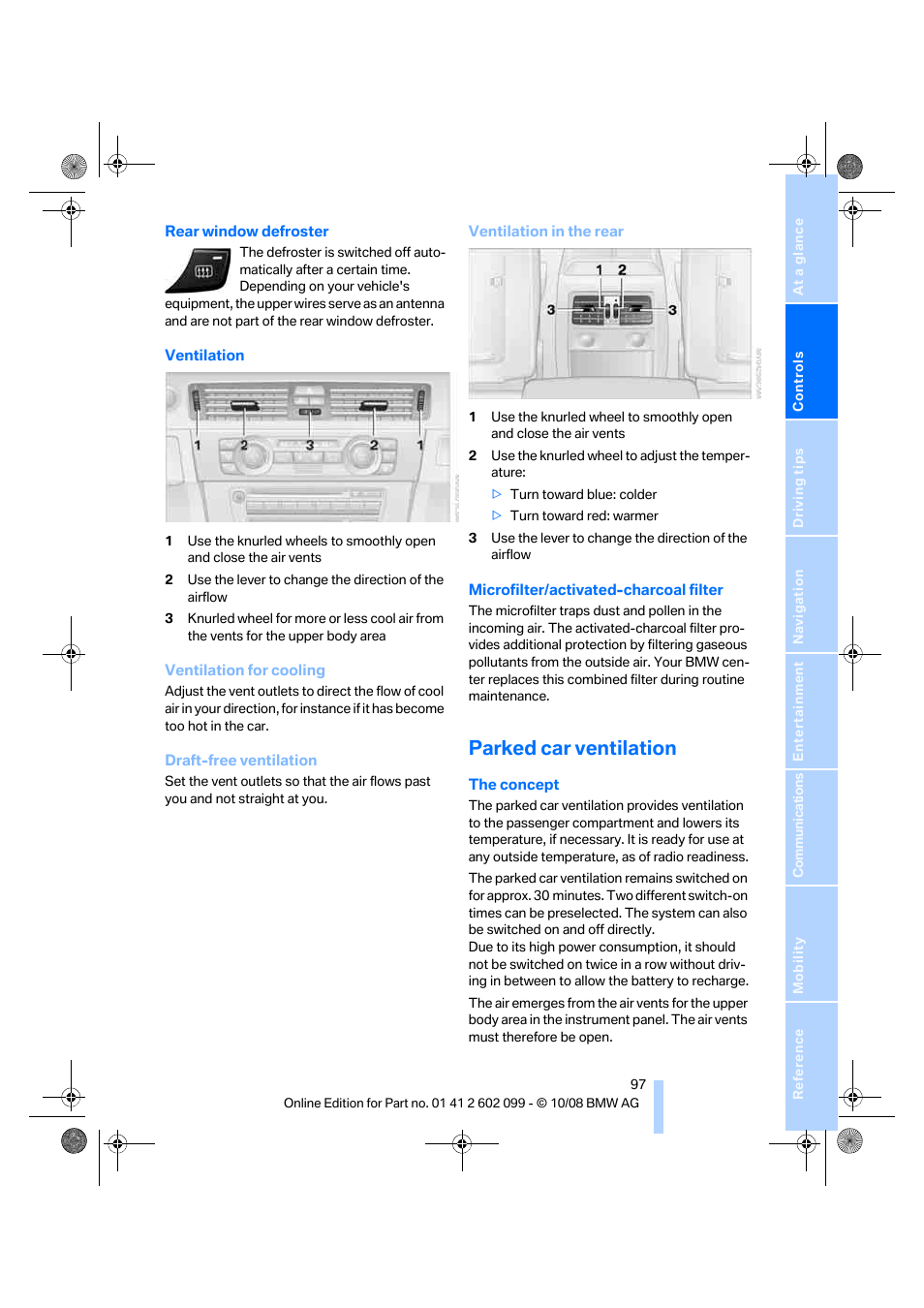 Parked car ventilation | BMW 328i xDrive Sports Wagon 2009 User Manual | Page 99 / 268