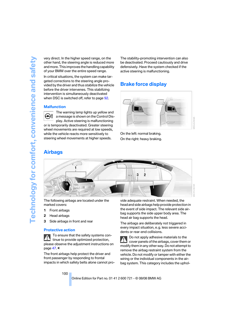 Brake force display, Airbags, Technology for comfort, convenience and safety | BMW 535i xDrive Sports Wagon 2009 User Manual | Page 102 / 294