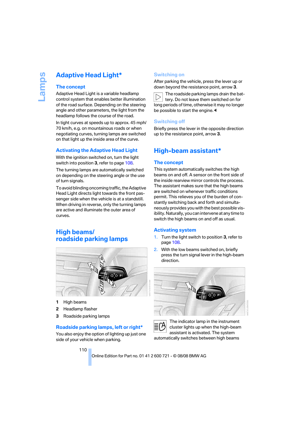 Adaptive head light, High beams/ roadside parking lamps, High-beam assistant | Roadside parking lamps, La mps | BMW 535i xDrive Sports Wagon 2009 User Manual | Page 112 / 294