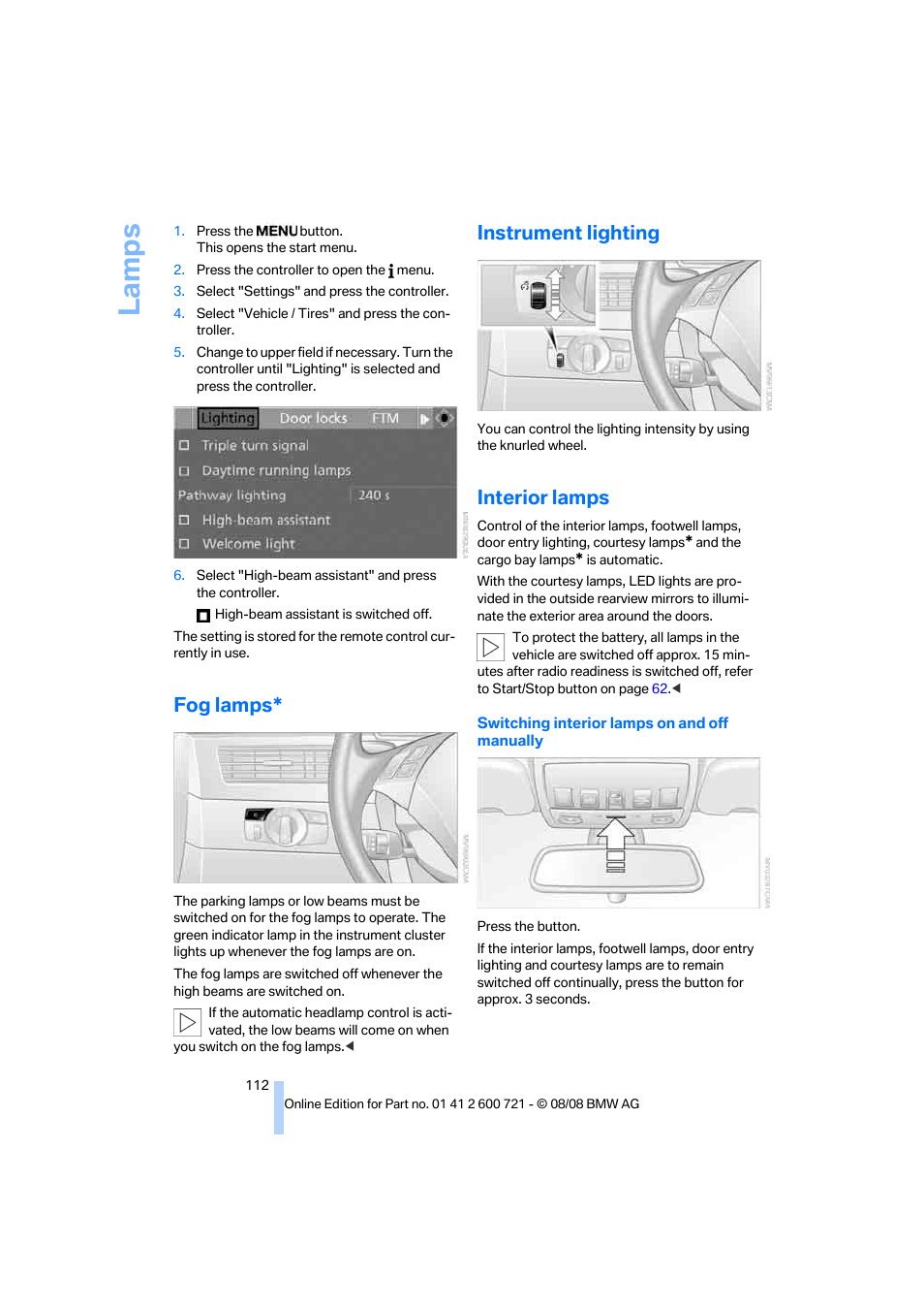 Fog lamps, Instrument lighting, Interior lamps | La mps | BMW 535i xDrive Sports Wagon 2009 User Manual | Page 114 / 294