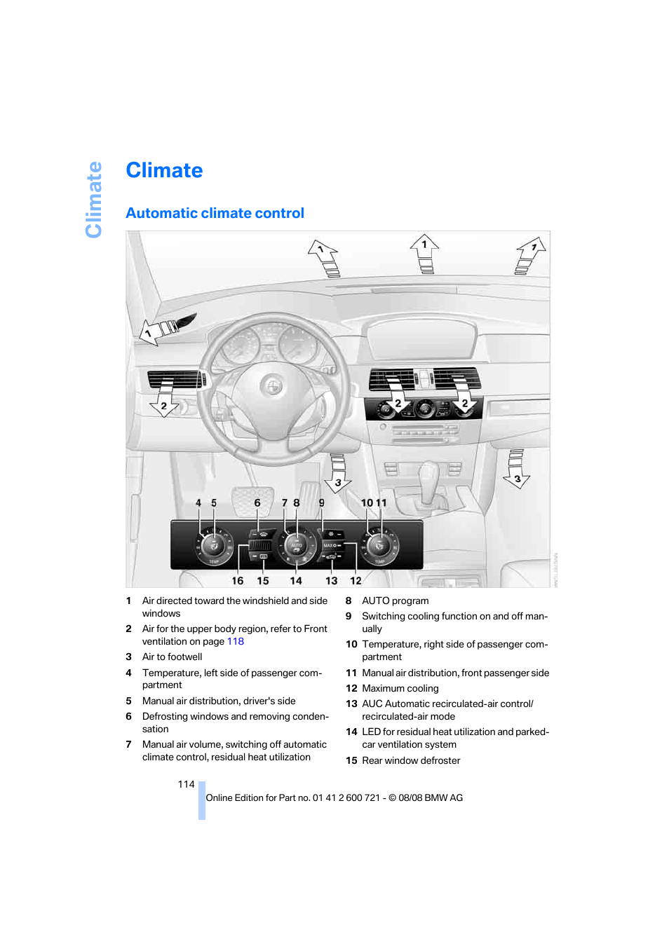 Climate, Automatic climate control | BMW 535i xDrive Sports Wagon 2009 User Manual | Page 116 / 294