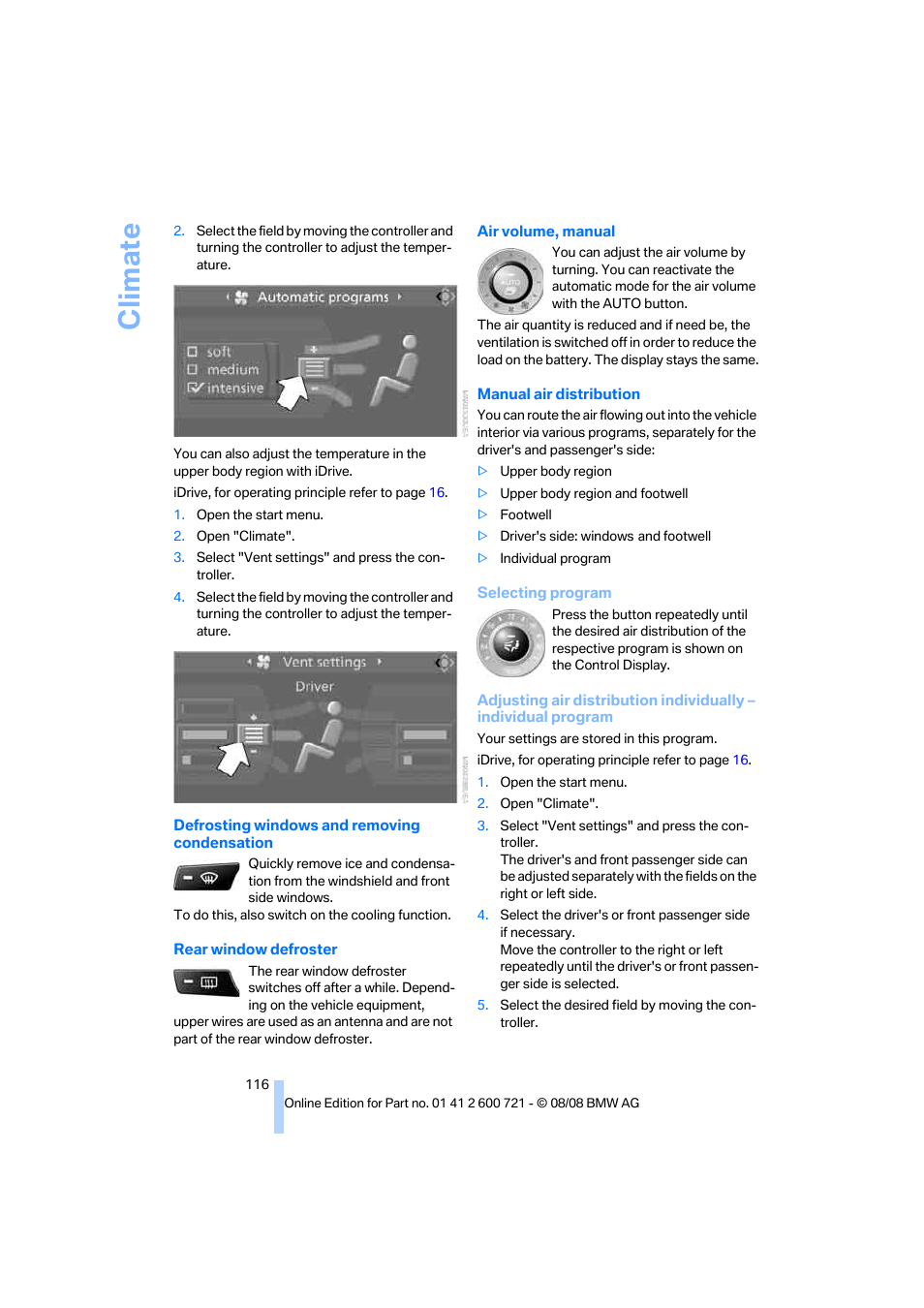 Climate | BMW 535i xDrive Sports Wagon 2009 User Manual | Page 118 / 294