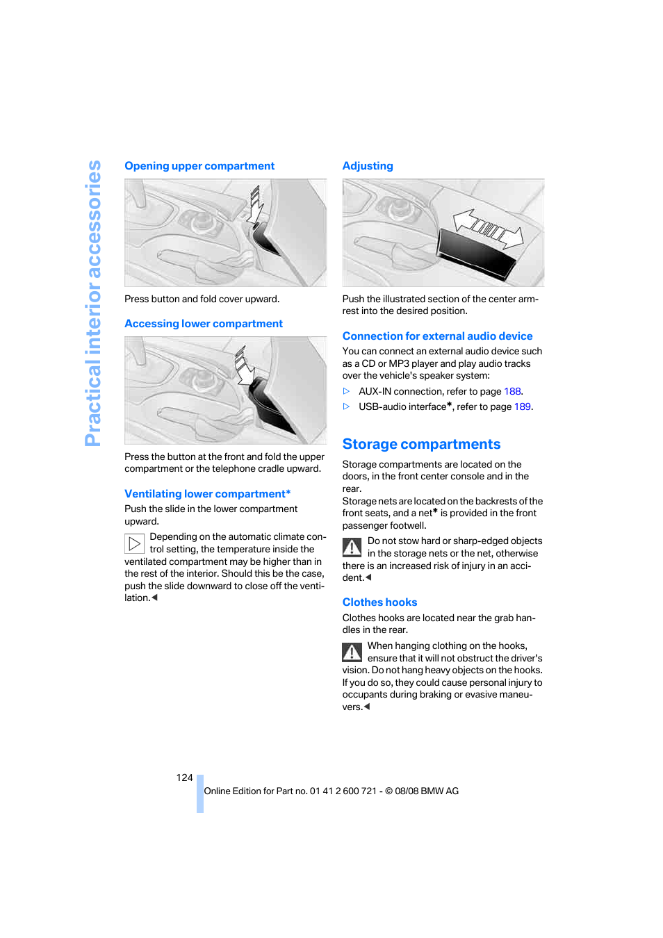 Storage compartments, Practical interior accessories | BMW 535i xDrive Sports Wagon 2009 User Manual | Page 126 / 294