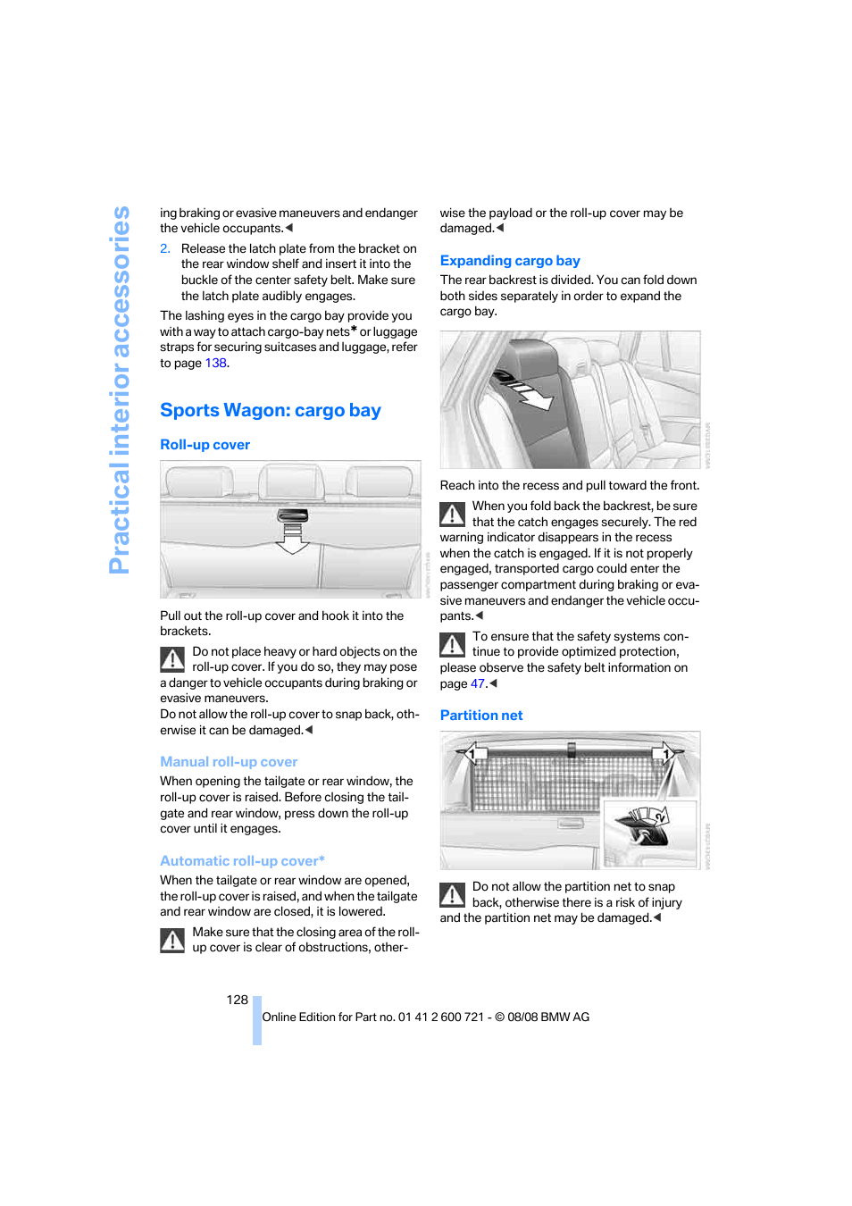 Sports wagon: cargo bay, Practical interior accessories | BMW 535i xDrive Sports Wagon 2009 User Manual | Page 130 / 294