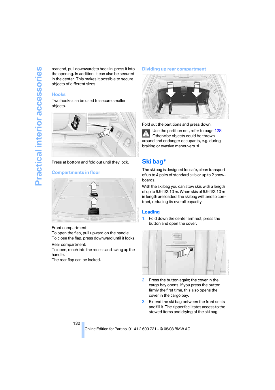 Ski bag, Practical interior accessories | BMW 535i xDrive Sports Wagon 2009 User Manual | Page 132 / 294