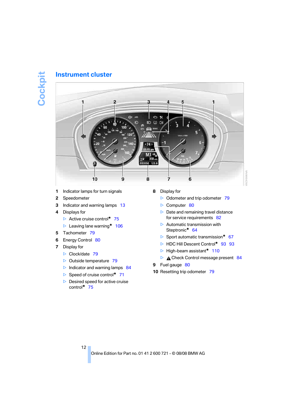 Instrument cluster, Cockpit | BMW 535i xDrive Sports Wagon 2009 User Manual | Page 14 / 294