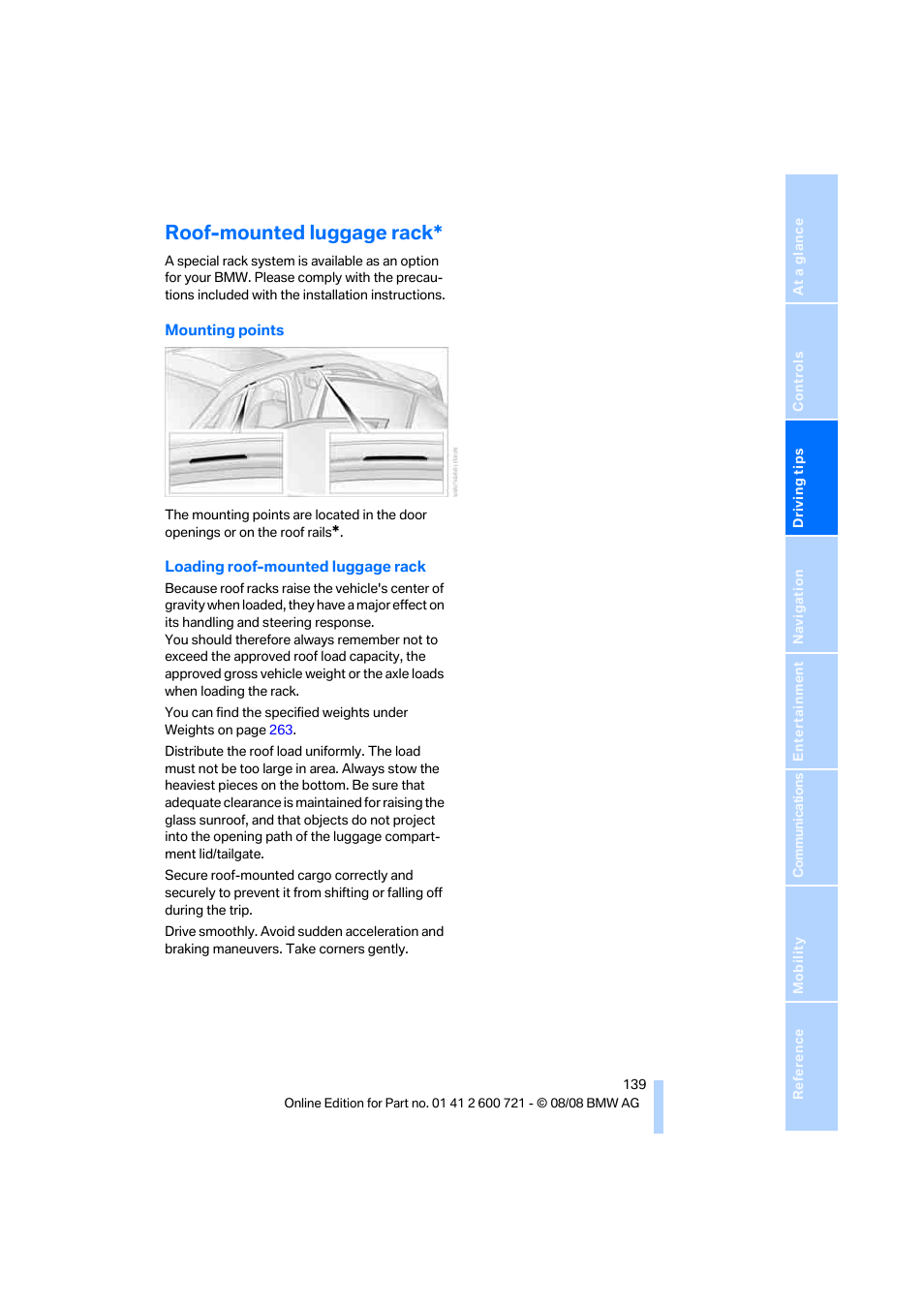 Roof-mounted luggage rack | BMW 535i xDrive Sports Wagon 2009 User Manual | Page 141 / 294