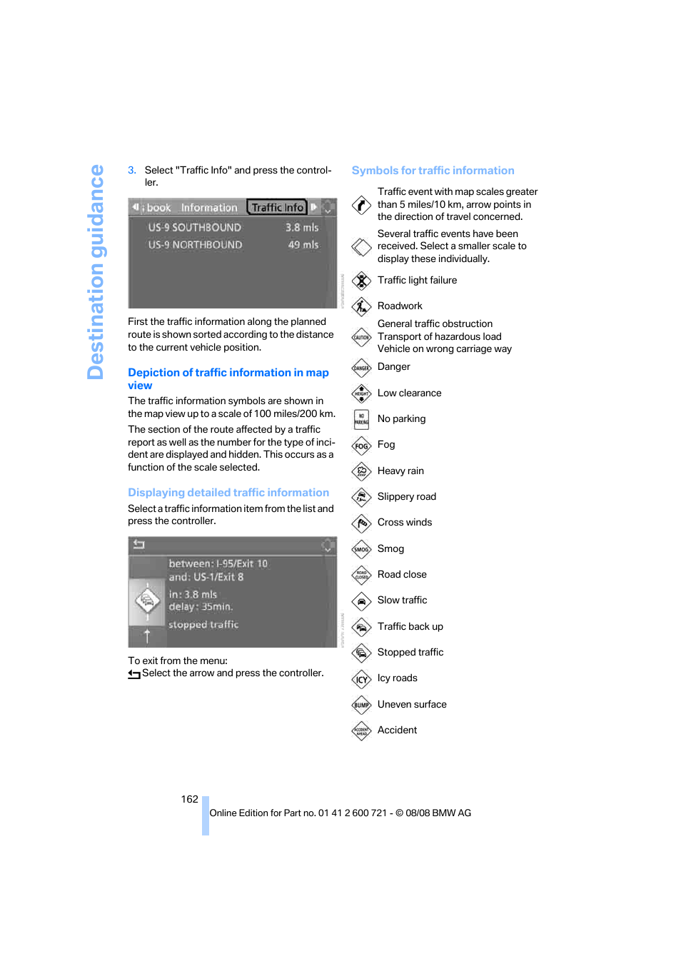 Destination guidance | BMW 535i xDrive Sports Wagon 2009 User Manual | Page 164 / 294