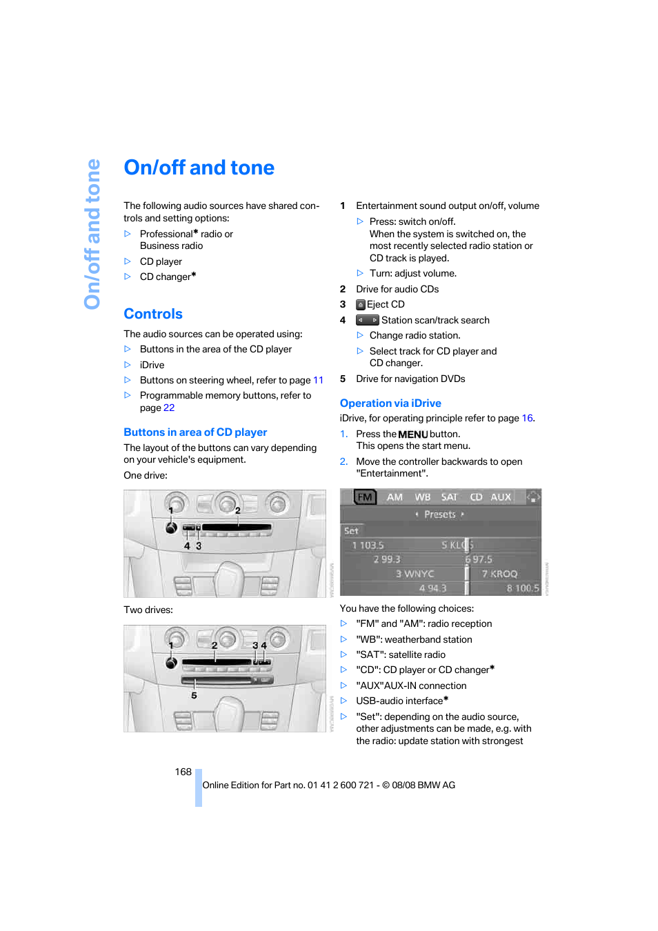 On/off and tone, Controls, Ente | Track, Justing volume | BMW 535i xDrive Sports Wagon 2009 User Manual | Page 170 / 294